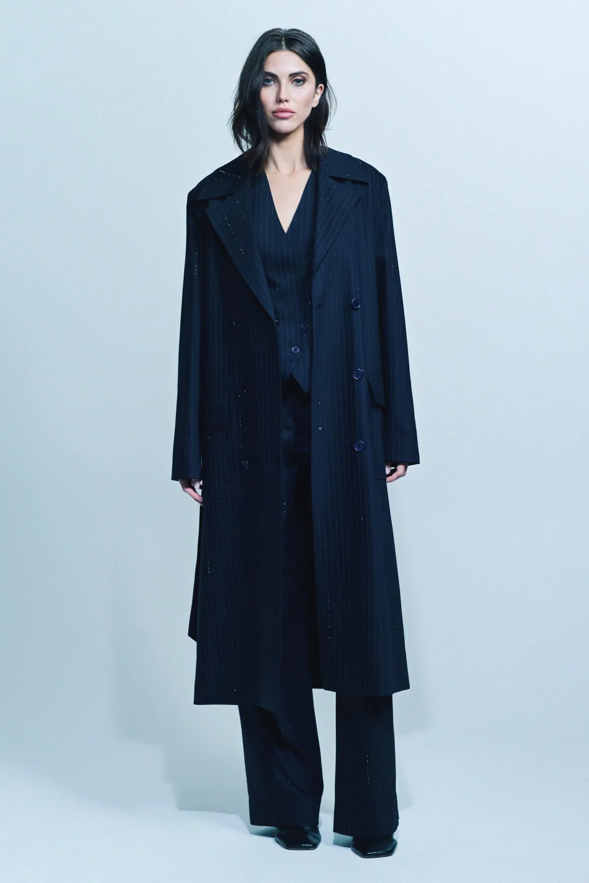 LIBERTINE | ‘CRYSTAL PINSTRIPE’ LONG TRENCH COAT