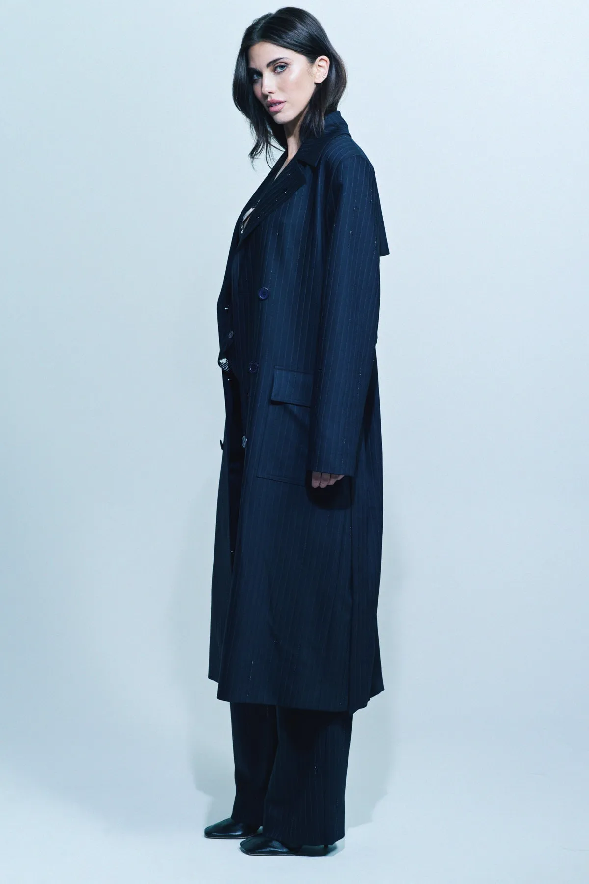 LIBERTINE | ‘CRYSTAL PINSTRIPE’ LONG TRENCH COAT