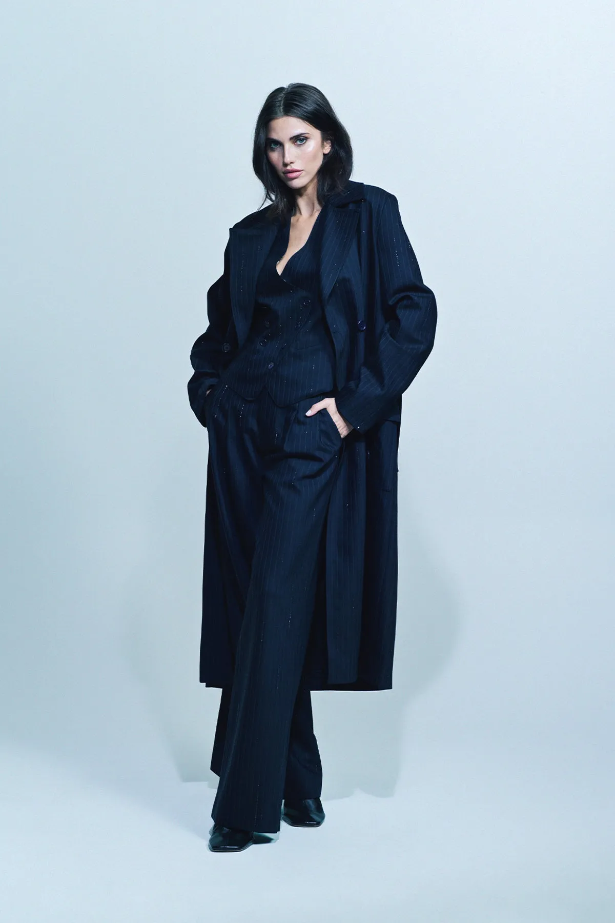 LIBERTINE | ‘CRYSTAL PINSTRIPE’ LONG TRENCH COAT