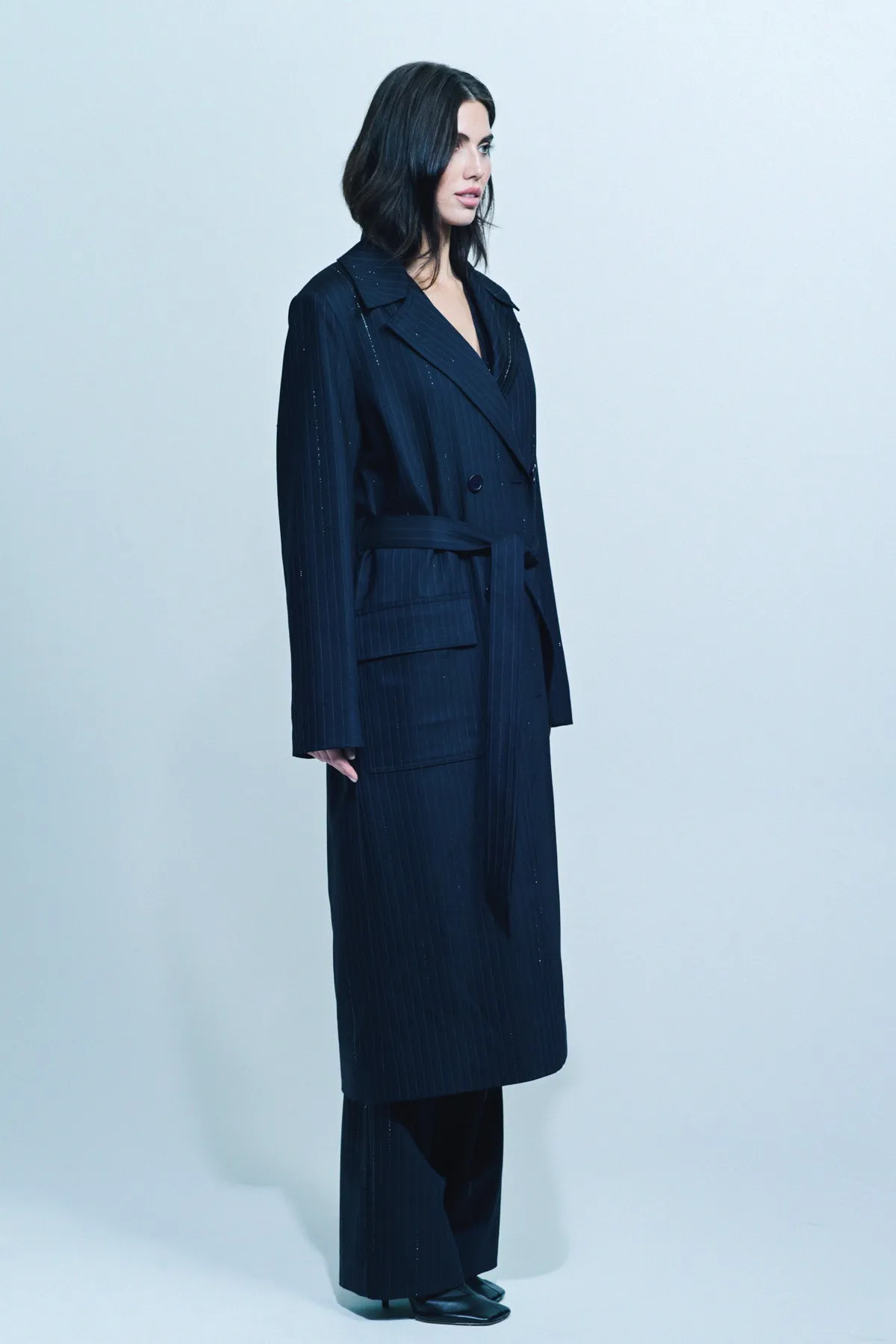 LIBERTINE | ‘CRYSTAL PINSTRIPE’ LONG TRENCH COAT