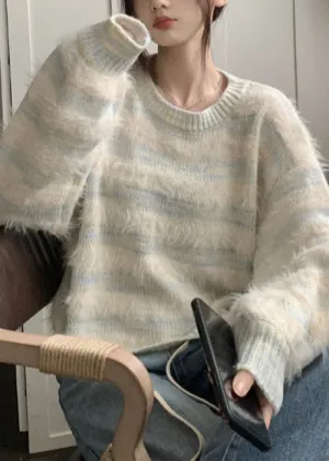 Light Blue Striped Cozy Mink Velvet Sweaters O Neck Spring YJ009