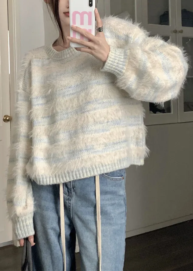 Light Blue Striped Cozy Mink Velvet Sweaters O Neck Spring YJ009