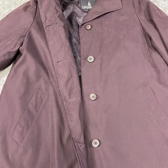 London Fog Size 14 Petite Burgundy Trench Rain Coat Long Zip Out Lining
