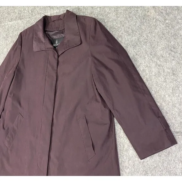 London Fog Size 14 Petite Burgundy Trench Rain Coat Long Zip Out Lining