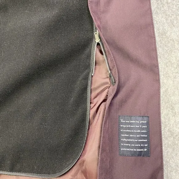 London Fog Size 14 Petite Burgundy Trench Rain Coat Long Zip Out Lining