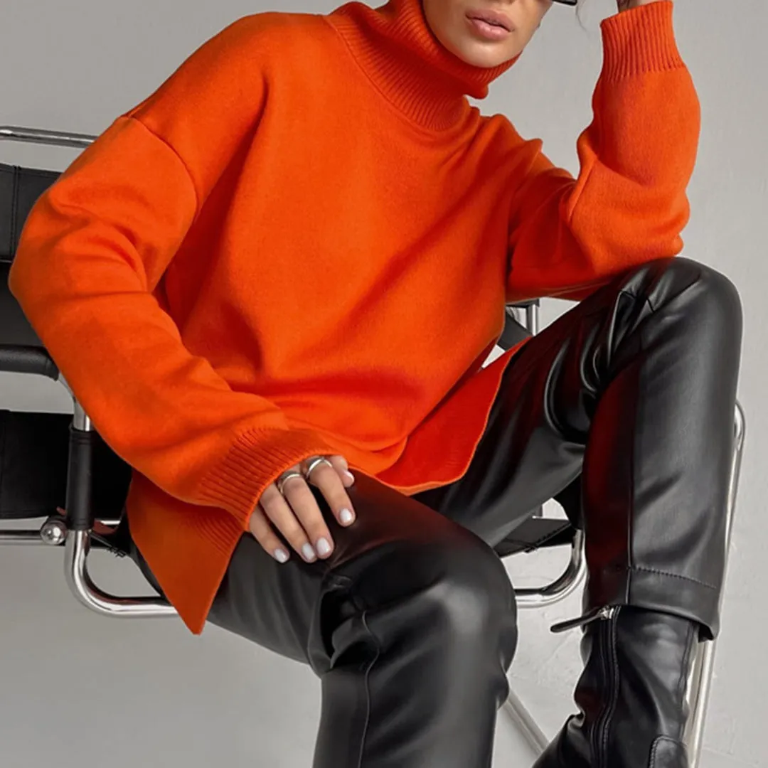 Loose Knitted Women's Sweater with High Neck