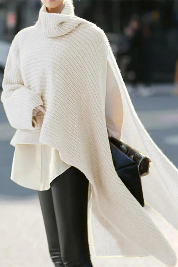 Loose Turtleneck Split Sweater