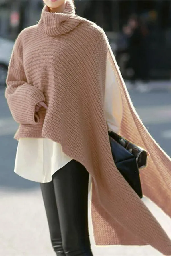 Loose Turtleneck Split Sweater