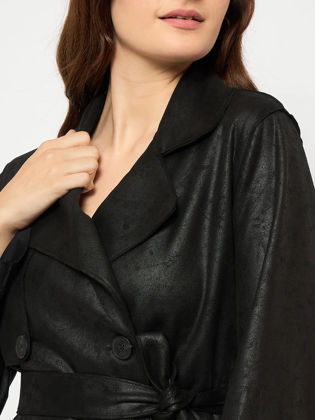 Madame Double Breasted Belted Solid Black Trench Coat
