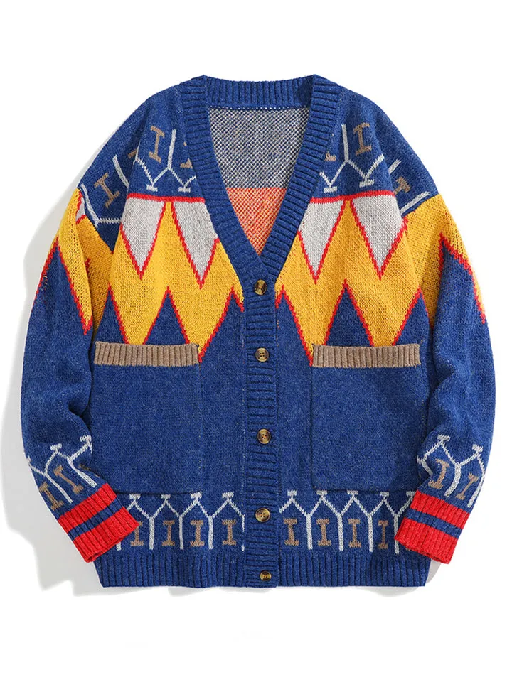 Male Loose Fit Color-blocked Button Up Sweater