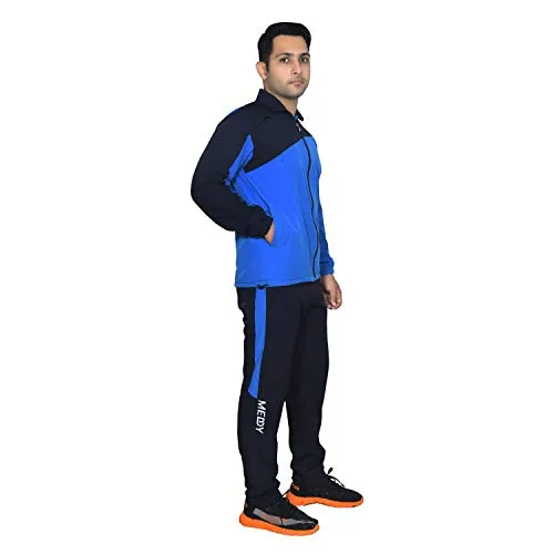 Meddy Sports Track Suit for Men in Blue- Solid Pattern, Collar Jacket, Full Sleeves, with Chain, Full Length Pant (Large)