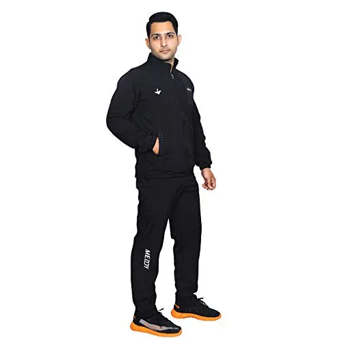 Meddy Sports Track Suit for Men in - Solid Black, Collar Jacket, Full Sleeves, with Chain, Full Length Pant (Small)