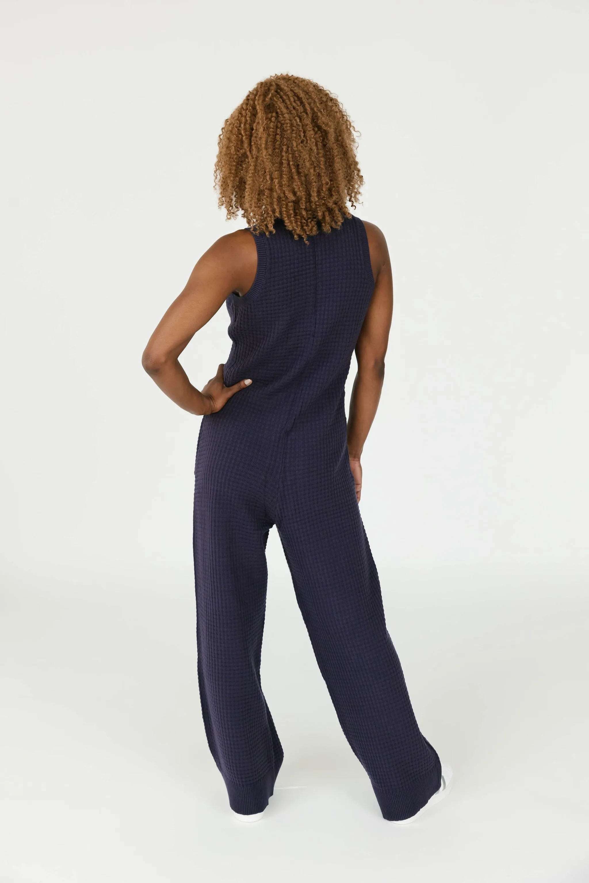 Megan Waffle Wide Leg Romper in Navy