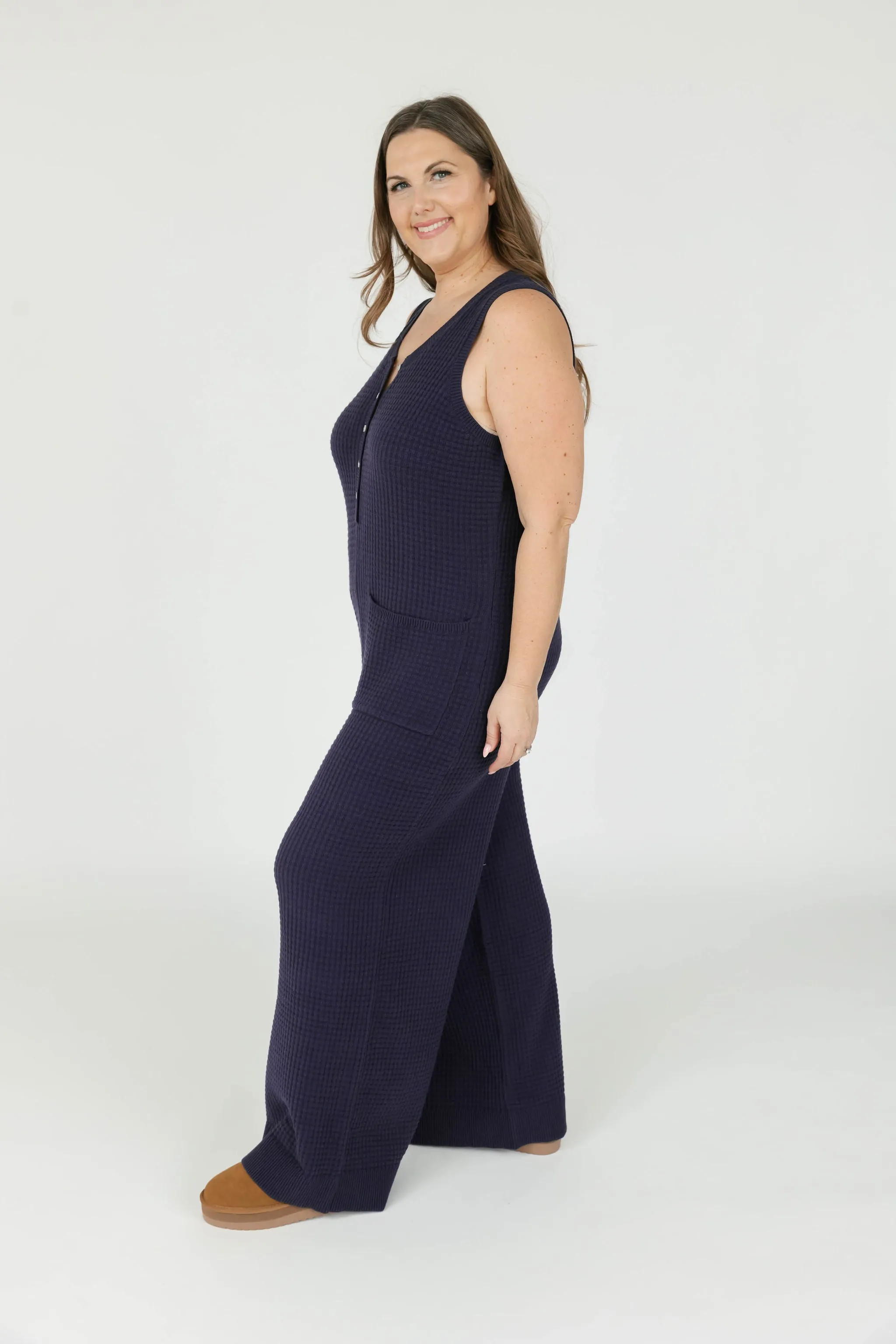 Megan Waffle Wide Leg Romper in Navy