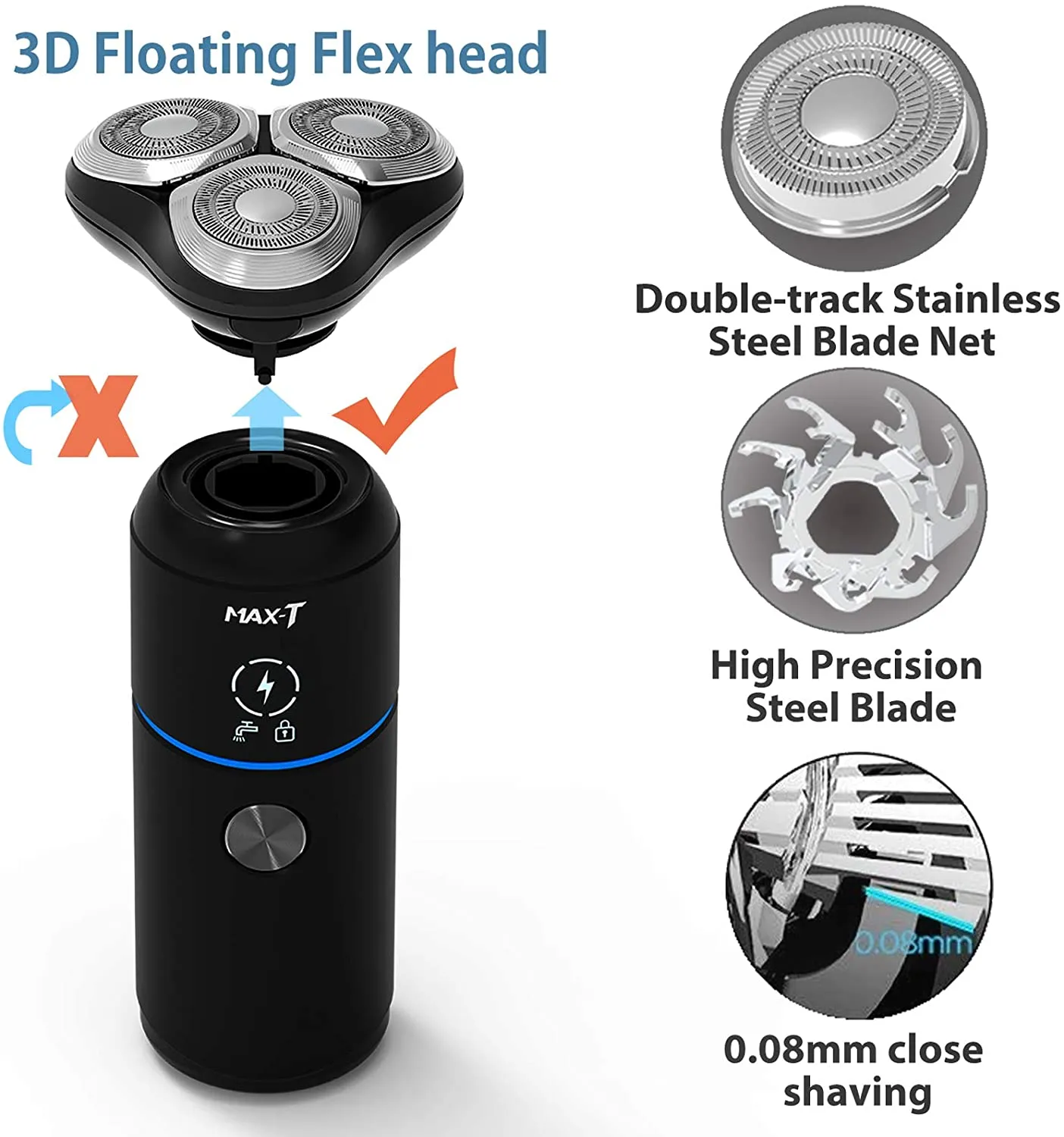 Men Electric Razor, MAX-T Corded and Cordless Rechargeable Travel Rotary Shaver Razor for Men with IPX7 Waterproof