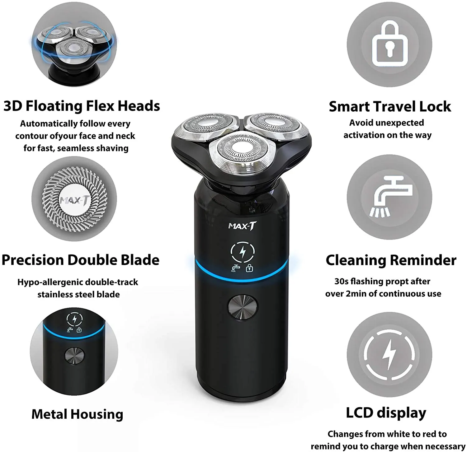 Men Electric Razor, MAX-T Corded and Cordless Rechargeable Travel Rotary Shaver Razor for Men with IPX7 Waterproof