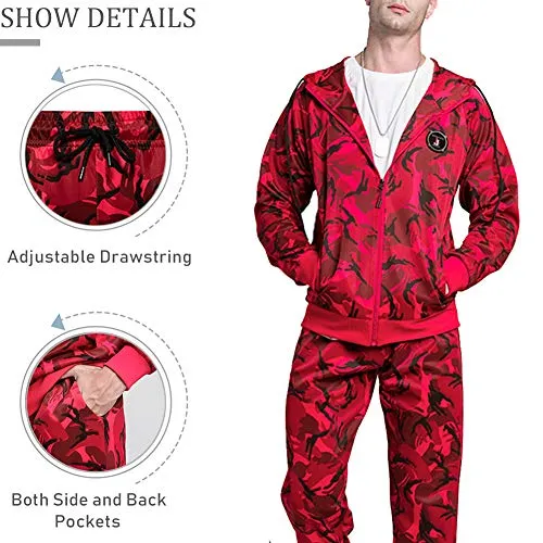 Men Gym Contrast Jogging Full Tracksuit Hoodie Camouflage Joggers Set, Camo Red-M