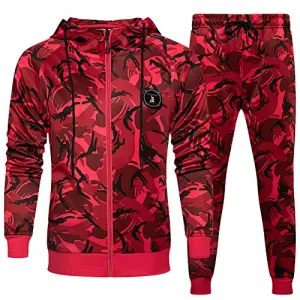 Men Gym Contrast Jogging Full Tracksuit Hoodie Camouflage Joggers Set, Camo Red-M