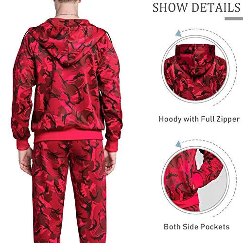 Men Gym Contrast Jogging Full Tracksuit Hoodie Camouflage Joggers Set, Camo Red-M