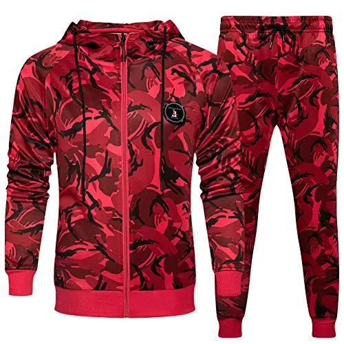 Men Gym Contrast Jogging Full Tracksuit Hoodie Camouflage Joggers Set, Camo Red-M