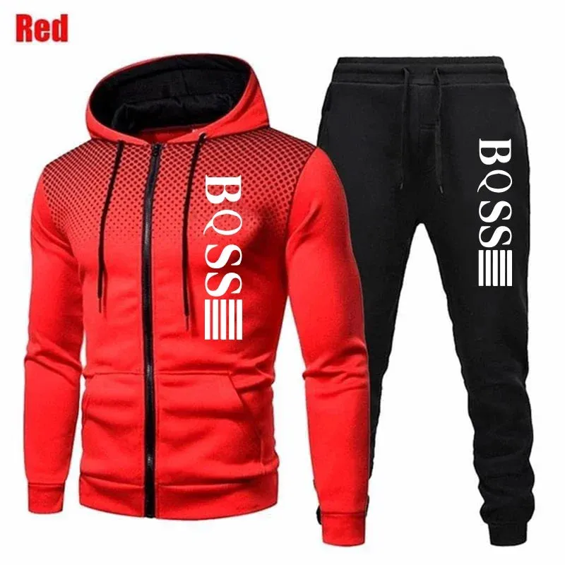 Men Print Zipper Hooded Tracksuit