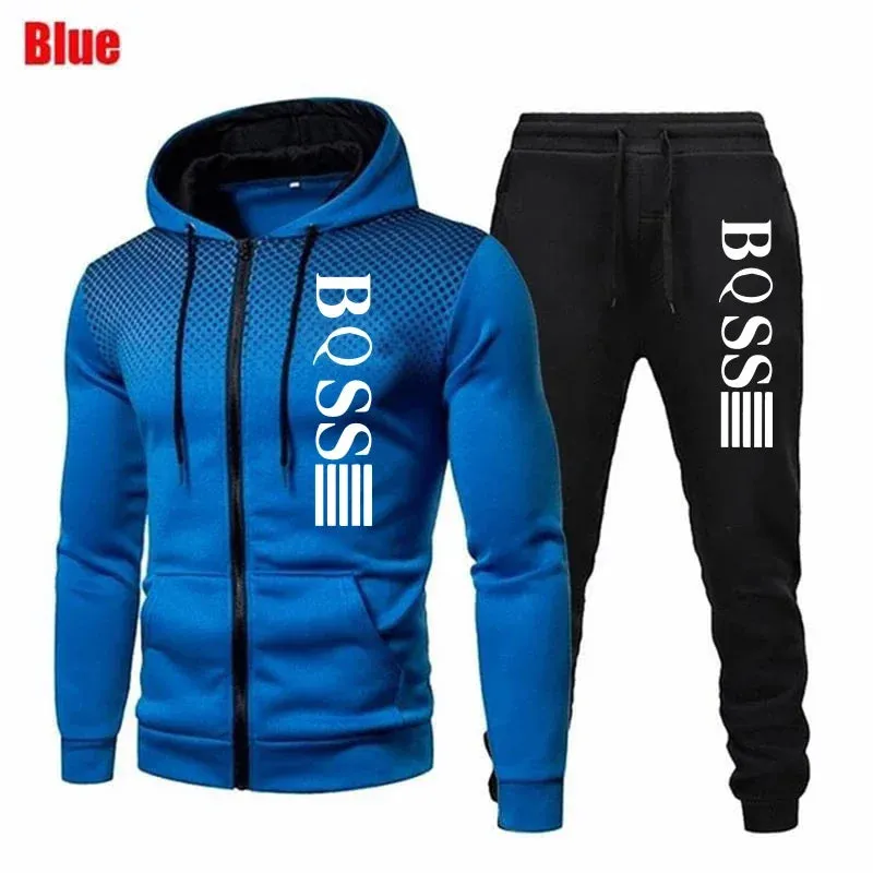 Men Print Zipper Hooded Tracksuit