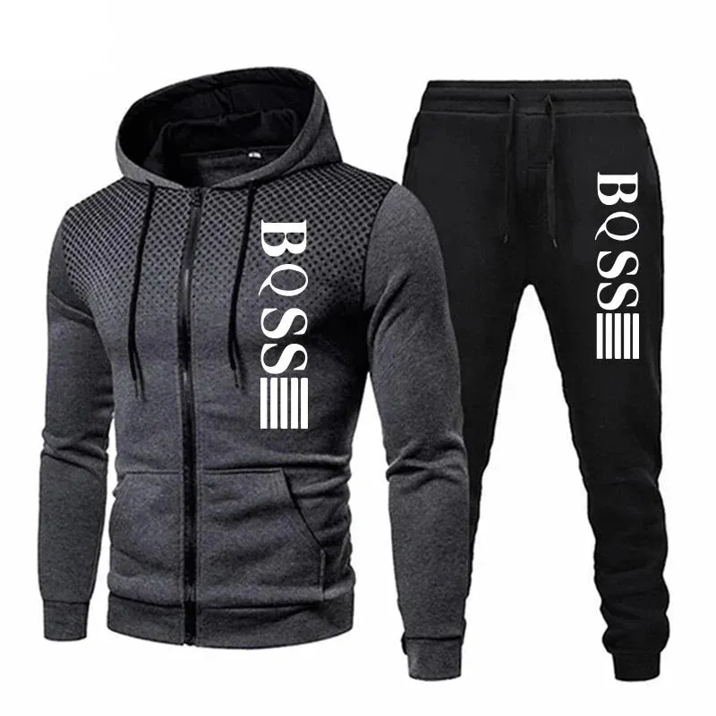 Men Print Zipper Hooded Tracksuit