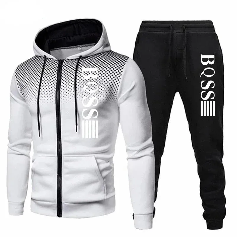 Men Print Zipper Hooded Tracksuit