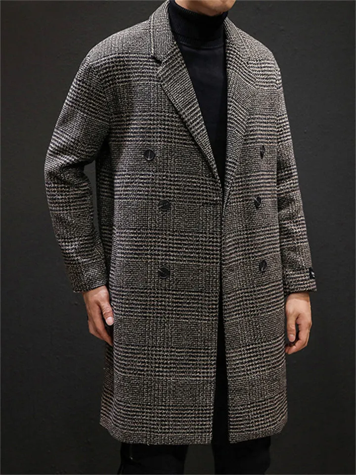 Men's Autumn Double-Breasted Lapel Checked Midi Woolen Coat