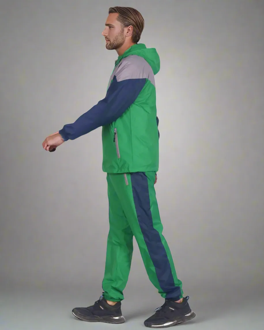 Men’s Colorful Hooded Windbreaker Sweatsuit Meshed Lined Nylon Water Repellent GYM Outfit