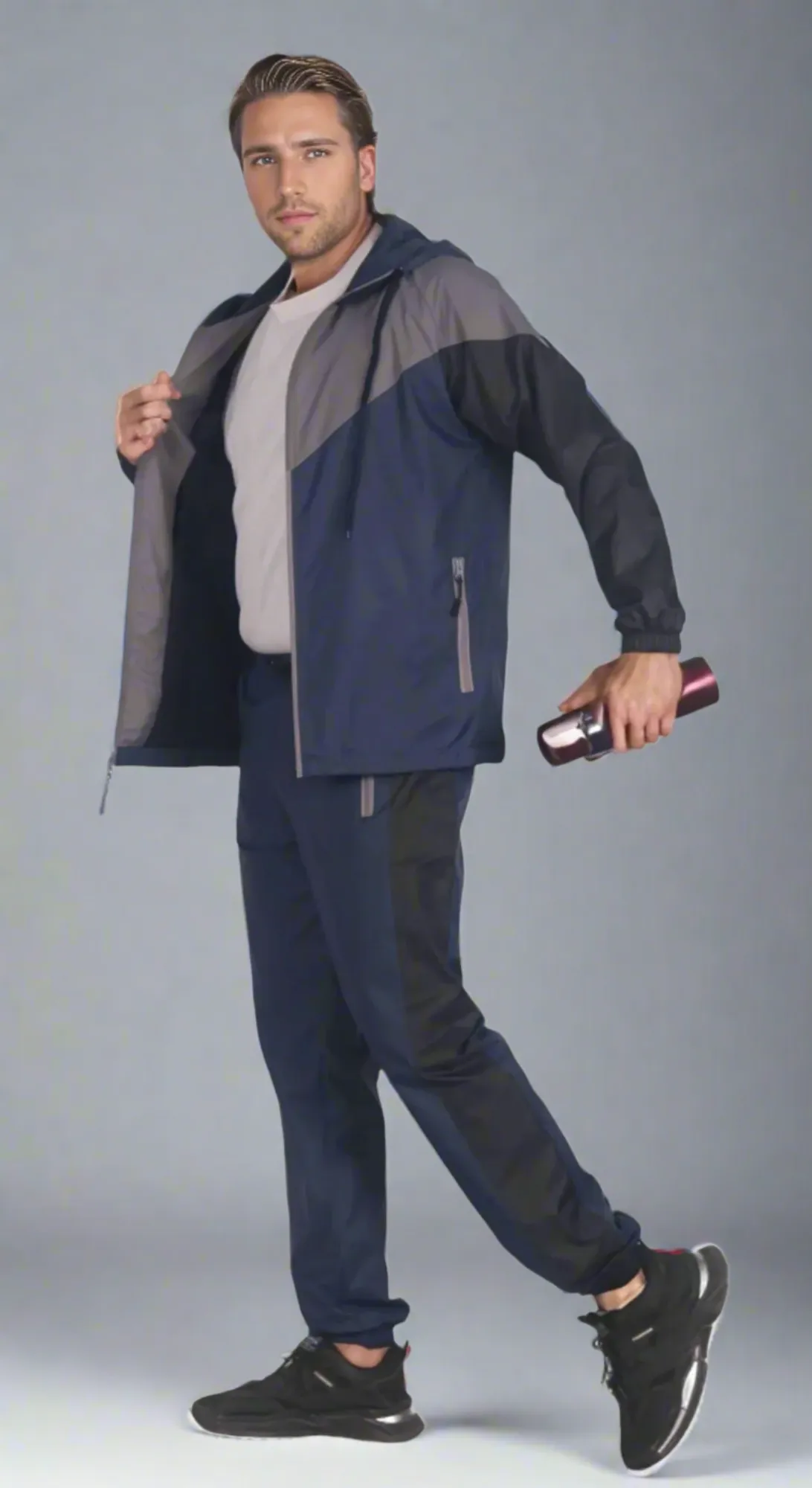 Men’s Colorful Hooded Windbreaker Sweatsuit Meshed Lined Nylon Water Repellent GYM Outfit