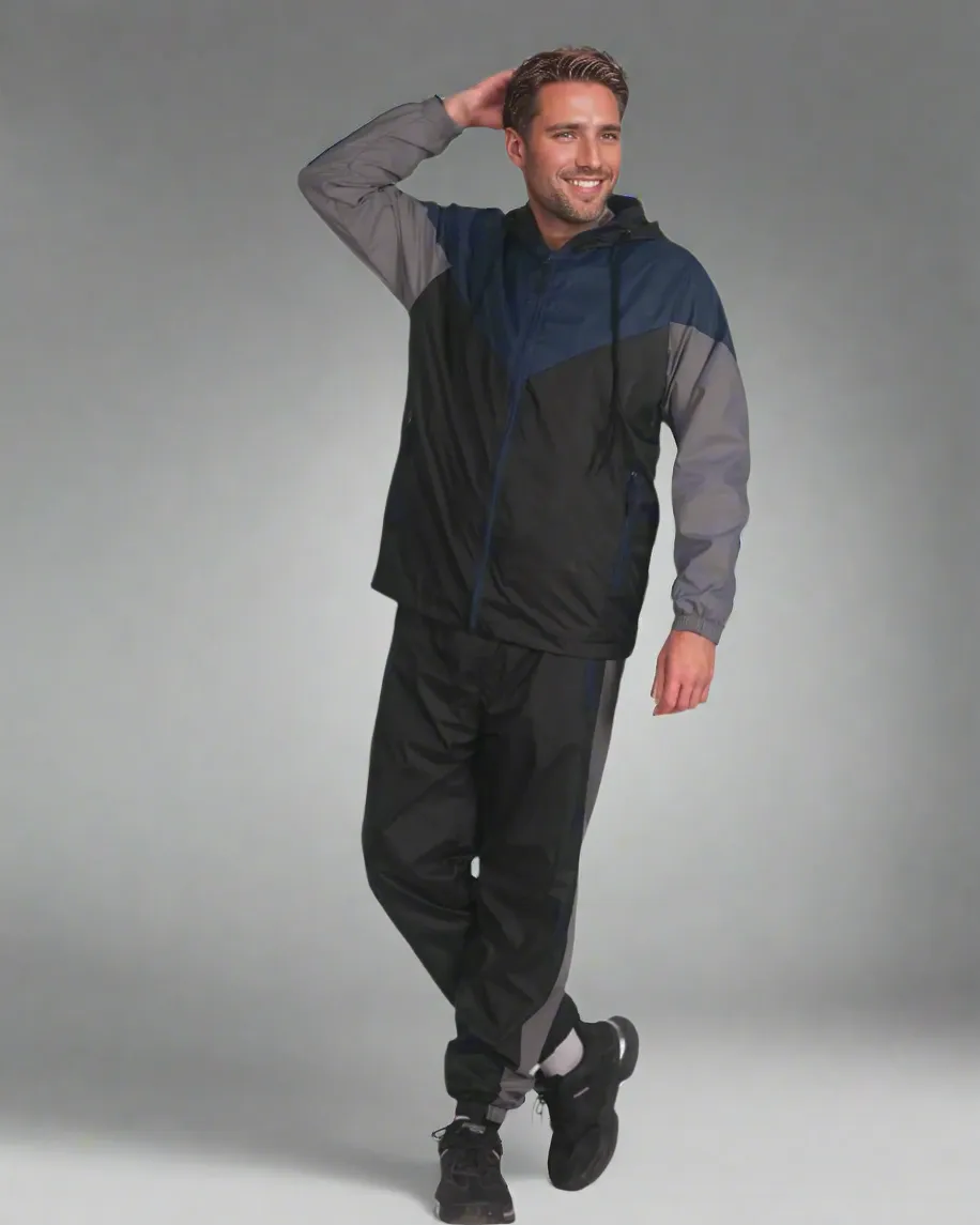 Men’s Colorful Hooded Windbreaker Sweatsuit Meshed Lined Nylon Water Repellent GYM Outfit