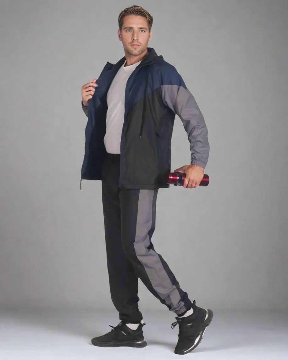 Men’s Colorful Hooded Windbreaker Sweatsuit Meshed Lined Nylon Water Repellent GYM Outfit