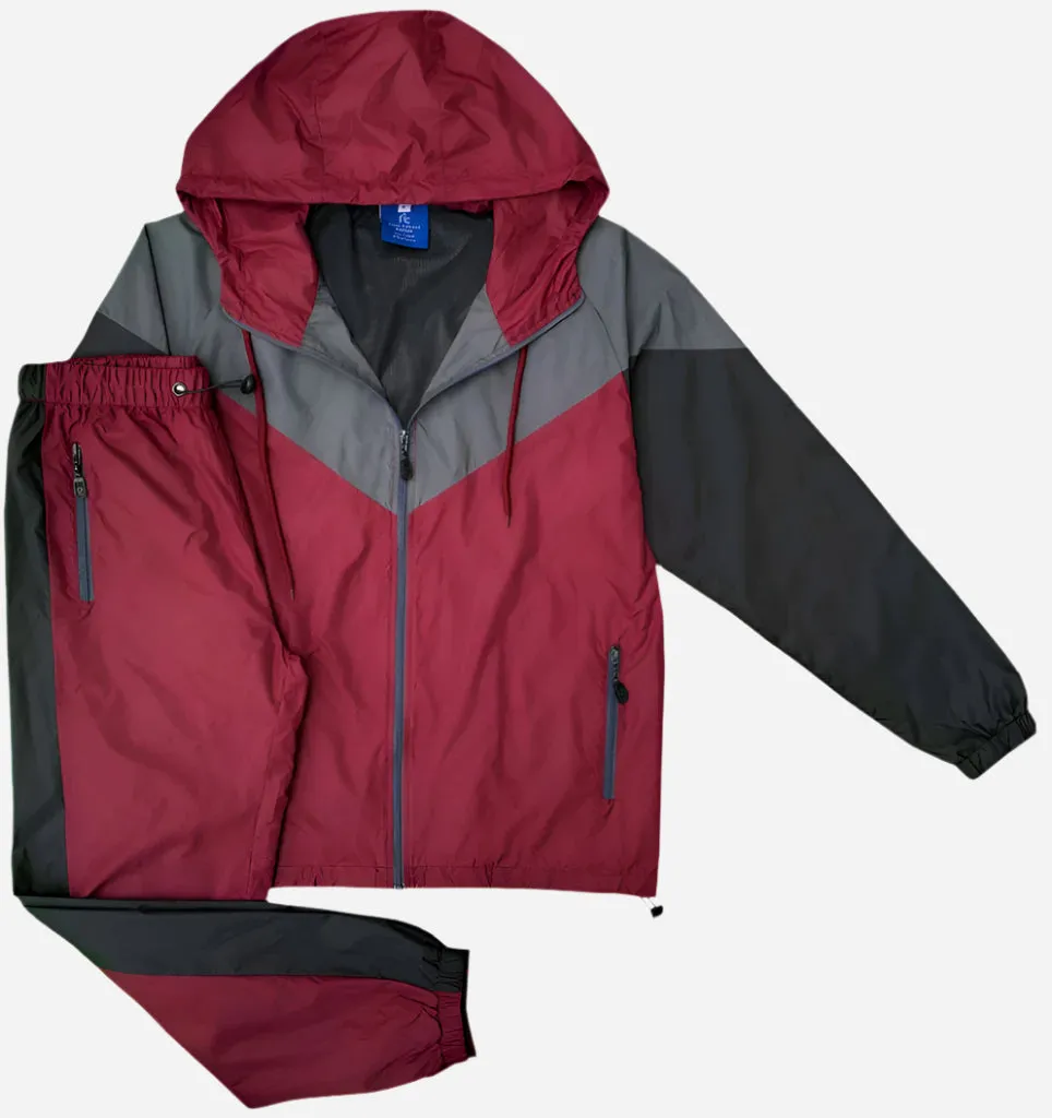 Men’s Colorful Hooded Windbreaker Sweatsuit Meshed Lined Nylon Water Repellent GYM Outfit
