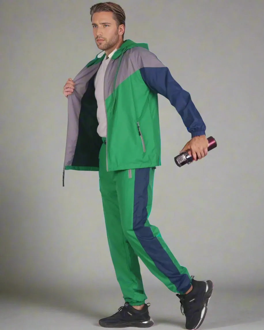 Men’s Colorful Hooded Windbreaker Sweatsuit Meshed Lined Nylon Water Repellent GYM Outfit