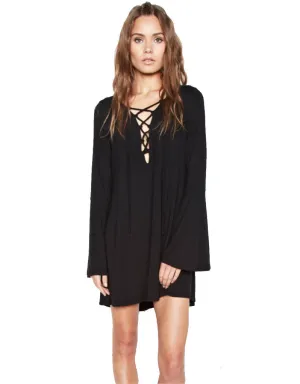 Michael Lauren Jimi Lace Up Bell Sleeve Dress in Black