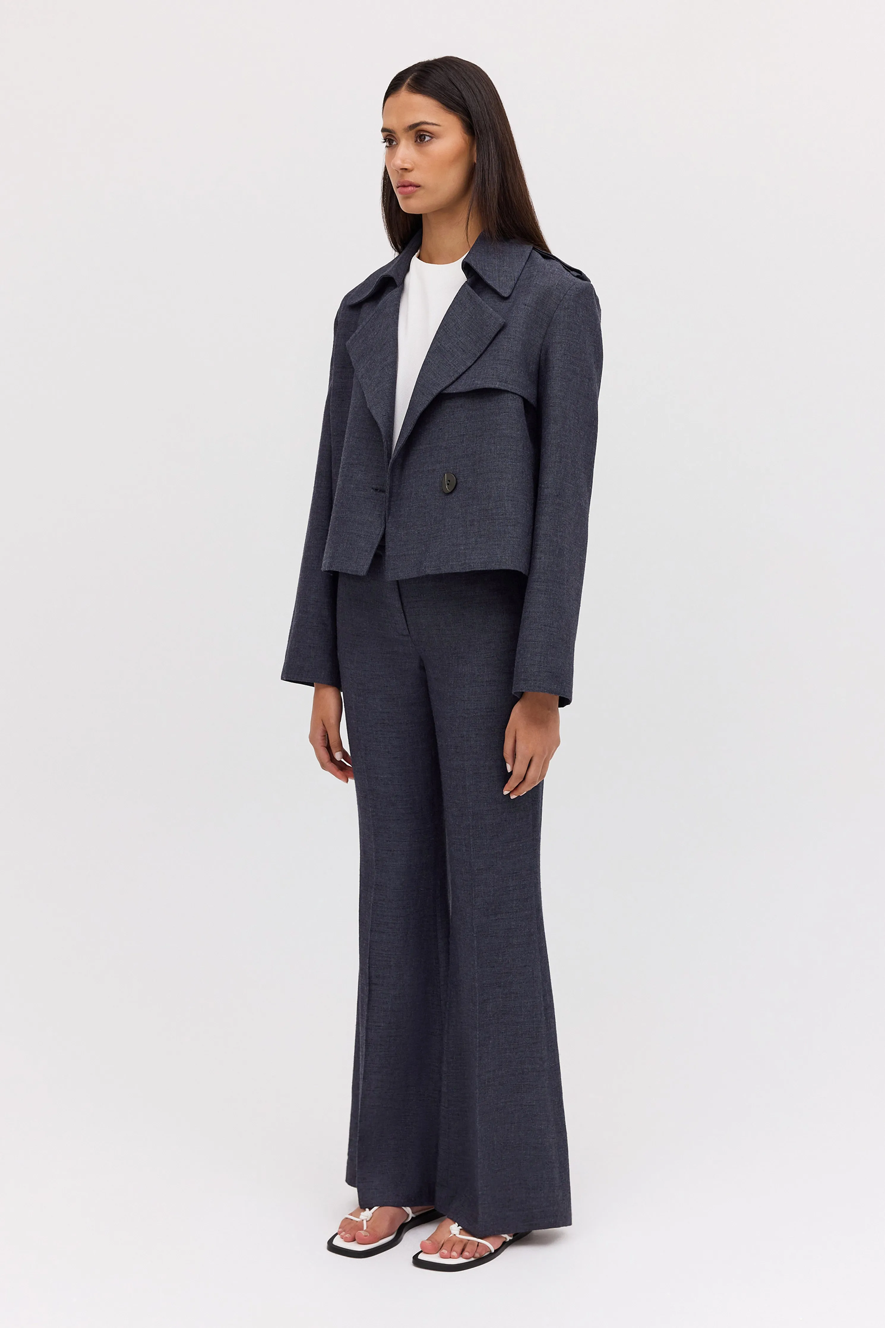 NAVY LINEN ELLIPSIS TRENCH