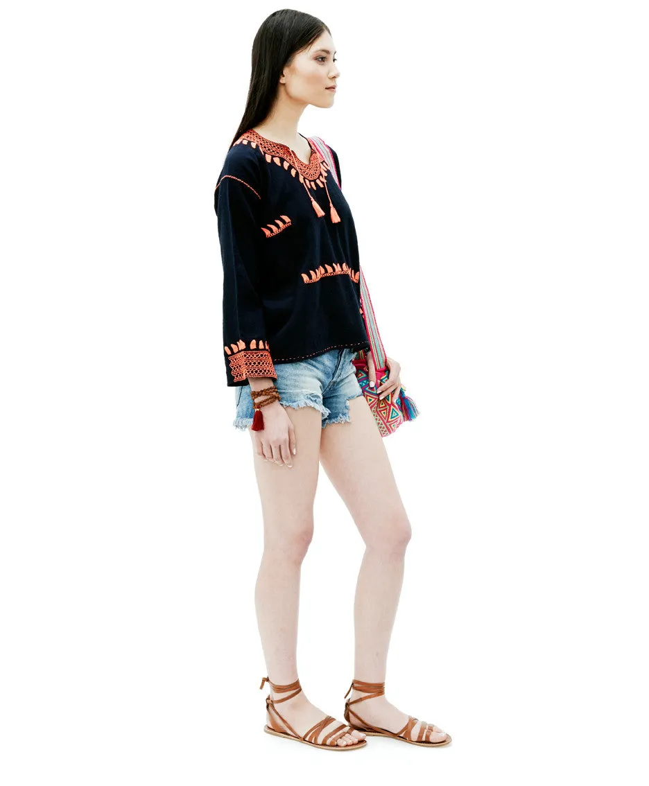 Navy Manta Flamingo Embroidered Dezso Tunic Top