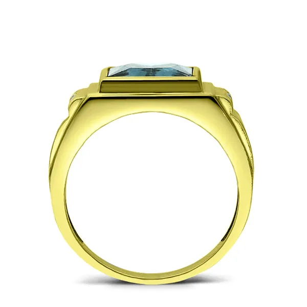 New 925 Real Solid Silver 18K Gold Plated Mens Blue Topaz 2 Diamond Accents Ring