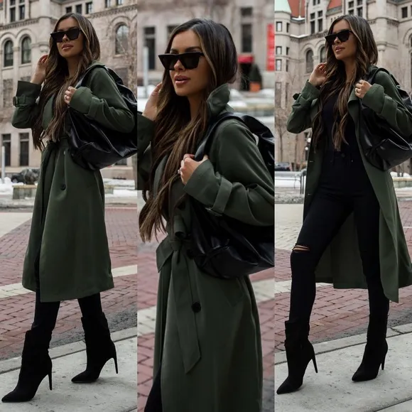 New Express Olive Green Soft Flowy Button Front Trench Jacket Coat
