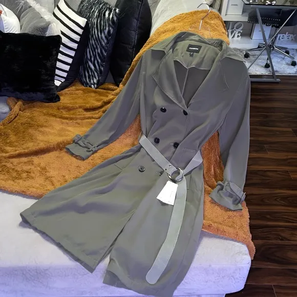 New Express Olive Green Soft Flowy Button Front Trench Jacket Coat