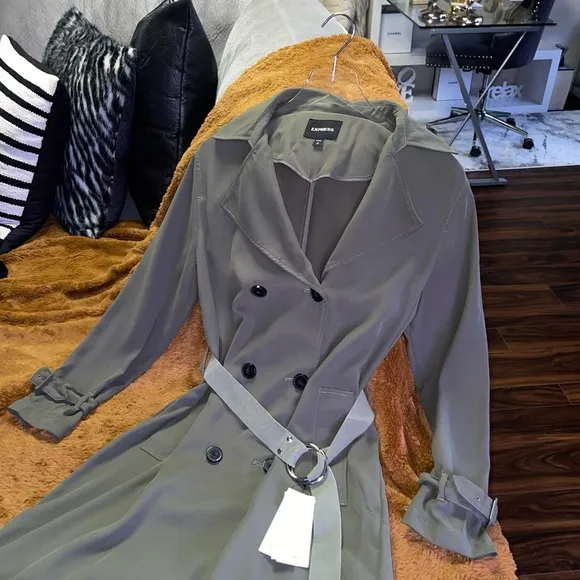 New Express Olive Green Soft Flowy Button Front Trench Jacket Coat