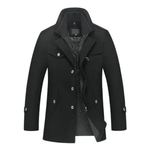 New men's winter padded wool jackets coats removable quilted lining button wool blends pea coat thick padded jacket coat men