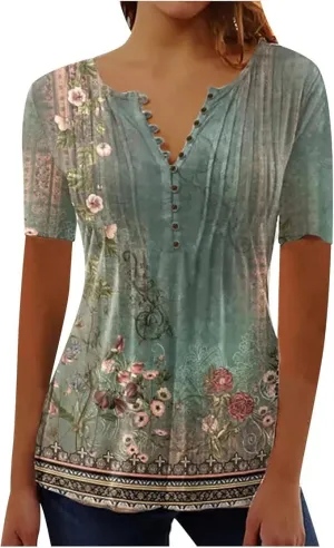 NEW Sz L Womens Tunic Tops Trendy Vintage Boho Shirts Short Sleeve Notch V Neck T-Shirt Casual Summer Oversized Blouse Empire Waist