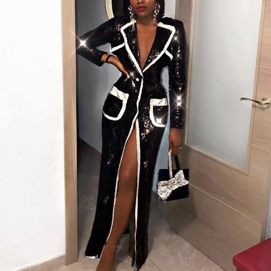 new women's fashion jacket sexy black sequins V-neck long-sleeved double-breasted long coat women's long-sleeved windbreake