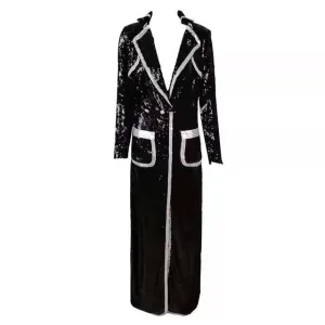 new women's fashion jacket sexy black sequins V-neck long-sleeved double-breasted long coat women's long-sleeved windbreake