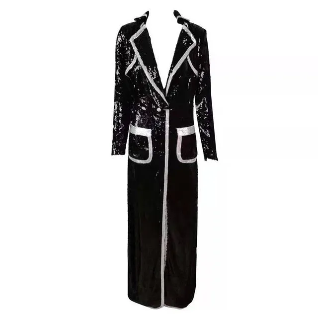 new women's fashion jacket sexy black sequins V-neck long-sleeved double-breasted long coat women's long-sleeved windbreake