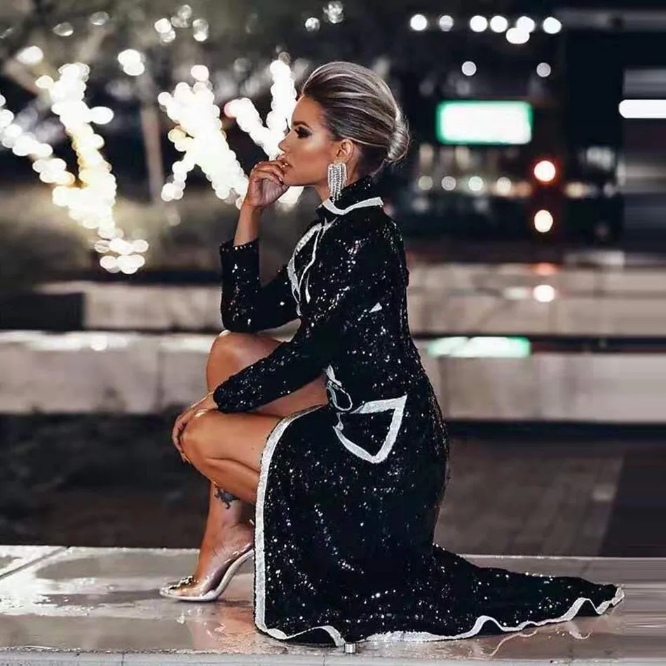 new women's fashion jacket sexy black sequins V-neck long-sleeved double-breasted long coat women's long-sleeved windbreake