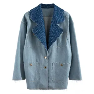 Notched Long Sleeve Button Patchwork Tassel Loose Oversized Coats