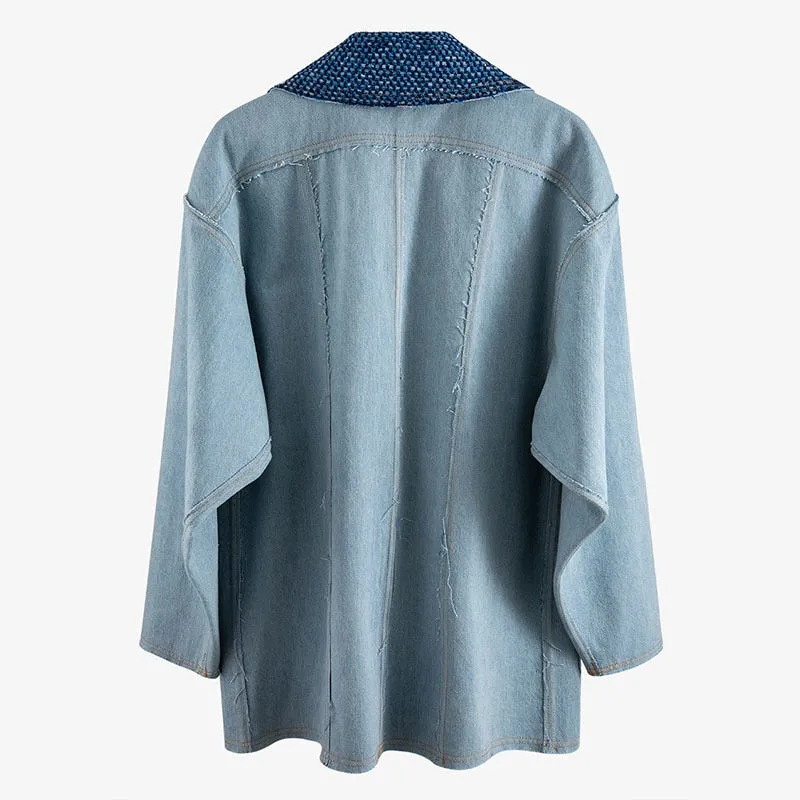 Notched Long Sleeve Button Patchwork Tassel Loose Oversized Coats